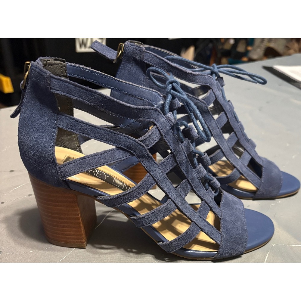 Aubrey Lynn Louise Blue Suede Caged Gladiator Block Heel Sandals Womens 6.5M
